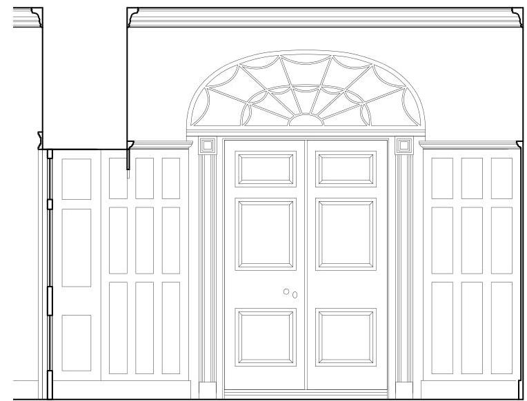 This image displays a black and white architectural elevation drawing of a building facade, featuring a central double door with a decorative fanlight and flanking panelled sections.