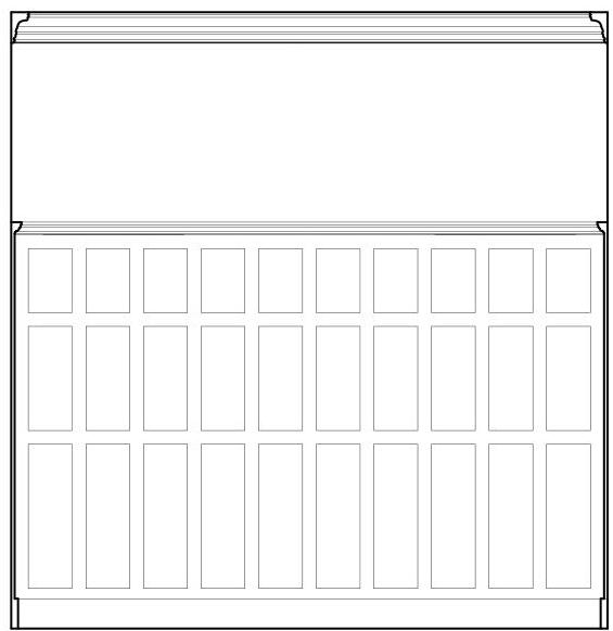 This image displays a detailed architectural elevation drawing of a window or door unit featuring a grid pattern of rectangular glazing panes and a header detail.