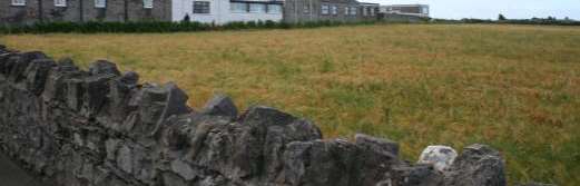 A photograph showing a dry stone wall in the foreground with a grassy field and a row of terraced houses in the background.