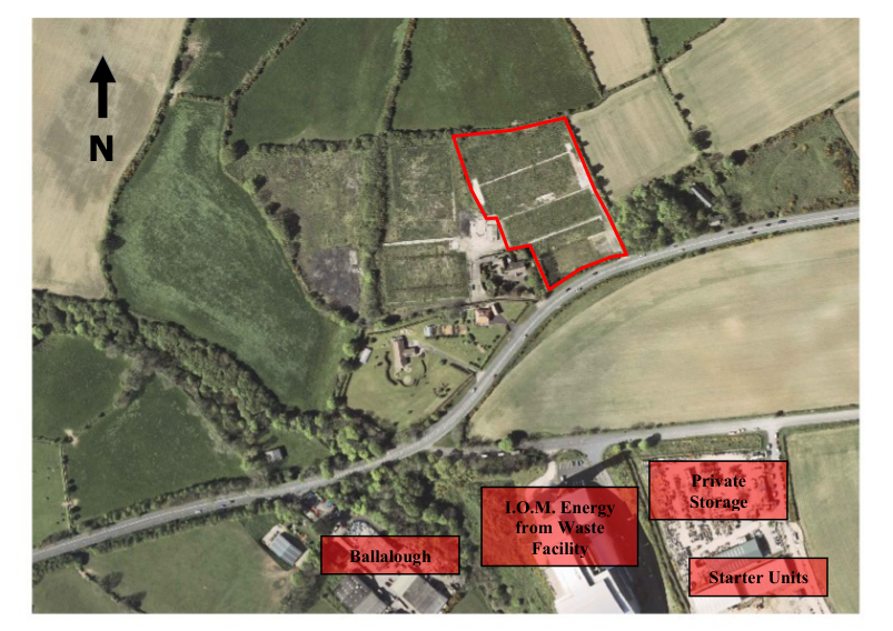 Aerial site location map showing a red-outlined plot of land in a rural setting with nearby facilities labeled.