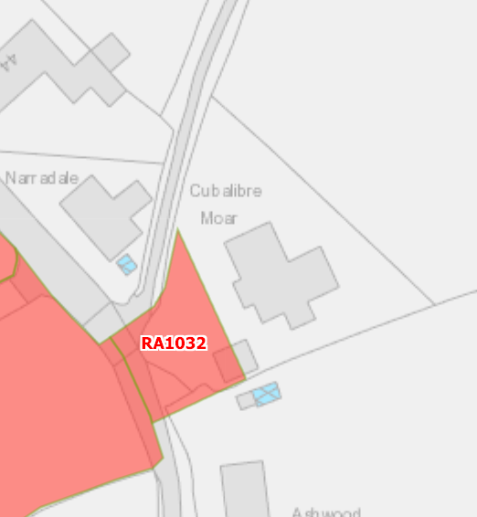 A site location plan displaying the proposed development area in red (RA1032) relative to surrounding properties like Cubalibre Moar.