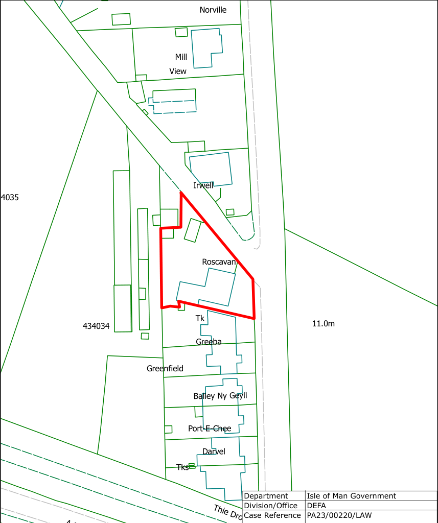 A site location plan highlighting the property 'Roscavan' with a red boundary line, showing surrounding plots and neighboring buildings like 'Irwell' and 'Greeba'.
