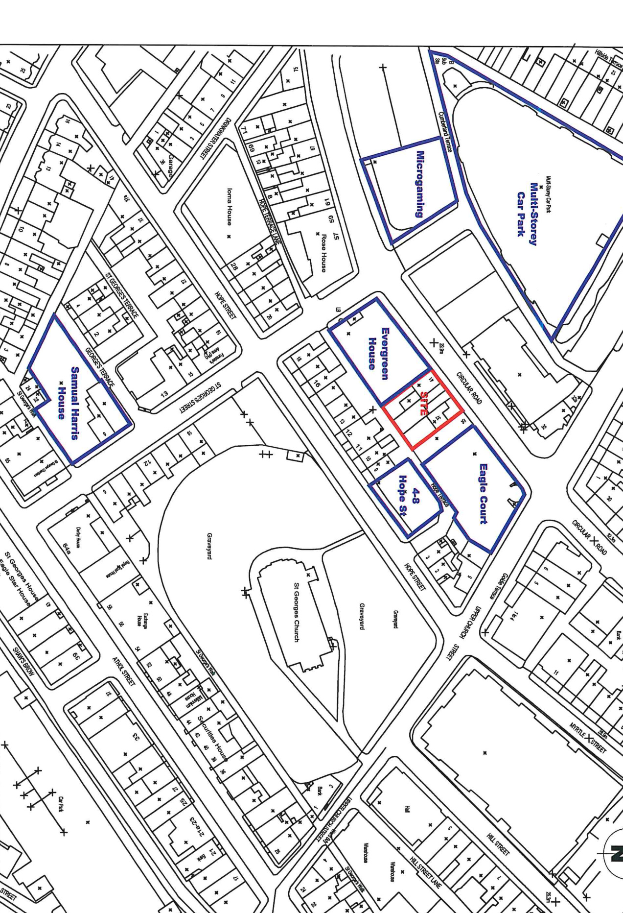 A black and white site plan showing the application area outlined in red at 4-8 Hope Street, surrounded by surrounding streets and properties like Samuel Harris House and Evergreen House.