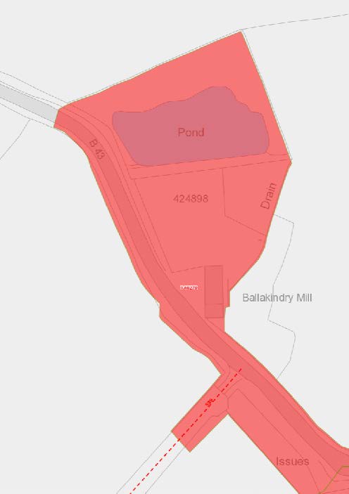 A site plan showing the red-shaded boundary of Ballakindry Mill, highlighting a pond, drain, and proximity to the B43 road.