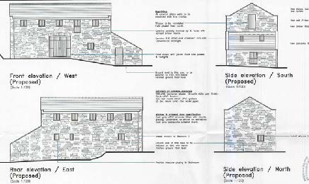 The image displays four architectural elevations (West, South, East, North) of a proposed stone building conversion.