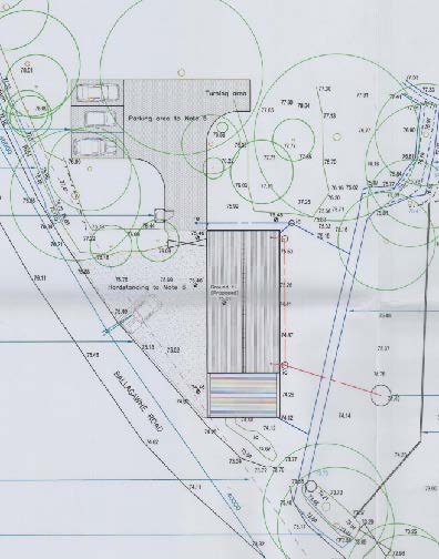 A site layout plan showing a proposed dwelling footprint, parking area, and turning circle with contour lines and landscaping details.