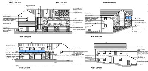 This image displays a set of architectural floor plans and elevations for a building conversion project, detailing the ground, first, and second floors.