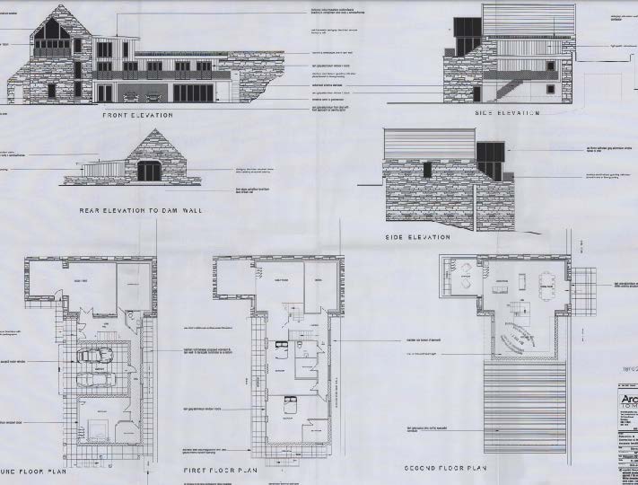The image displays a set of architectural drawings including front, side, and rear elevations of a stone building, alongside ground, first, and second-floor plans.
