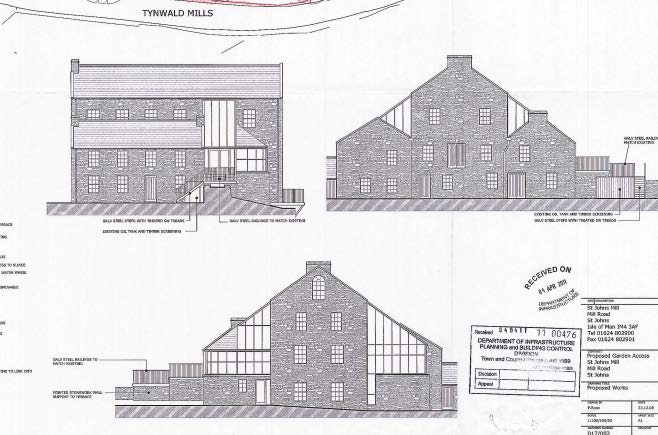 Architectural elevations and perspective sketch of a stone mill building showing proposed modern glass and steel extensions.