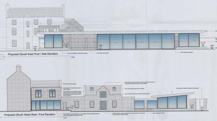 Architectural elevation drawings illustrating the proposed side and rear views of a converted mill with a modern glass extension.