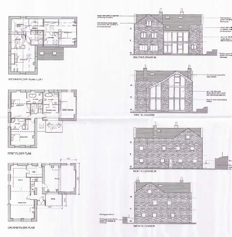 The image displays a set of architectural drawings including floor plans for the ground, first, and second floors, alongside south, north, and west elevations of a stone building.
