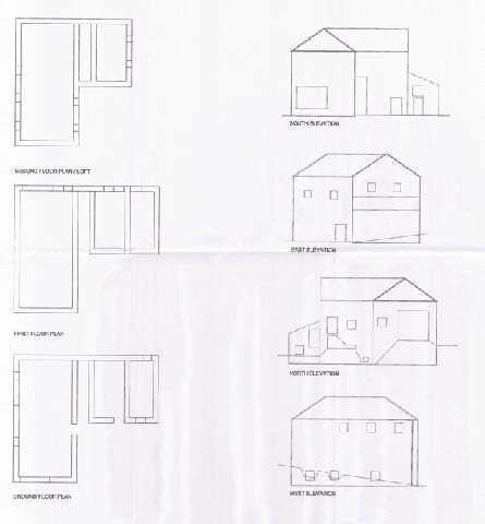 The image displays a set of architectural drawings including floor plans for the ground, first, and upper levels, alongside four elevations (South, East, North, West) of a building.