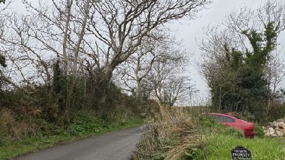 A photograph of a narrow rural lane with trees and vegetation, showing a red car parked on the grass verge and a 'Private Road' sign.