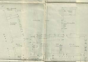 An architectural floor plan illustrating the layout of an existing 'Old Farmhouse' alongside a proposed 'New Farmhouse' and associated store and kitchen areas.