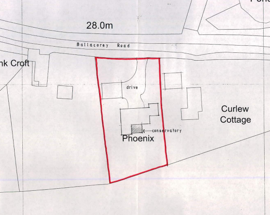 This image displays a site plan showing the property boundary in red for a residence named 'Phoenix' on Ballacorey Road. It details the layout including a driveway, a conservatory, and adjacent properties like Curlew...