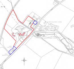 A site plan overlaid on an OS map showing the property boundary in red and specific areas in blue, with a north arrow.