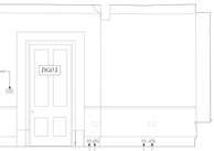 This image displays a black and white architectural line drawing, likely a ground floor elevation or plan detail, featuring a door labeled DG03 and wall outlines.