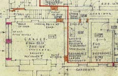 This image displays a detailed architectural ground floor plan of a residential property, showing room layouts including a living room, kitchen, and bedrooms.
