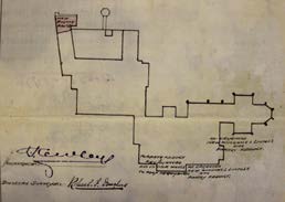 A scanned document showing a hand-drawn outline of a building footprint or site boundary with handwritten annotations and signatures at the bottom.