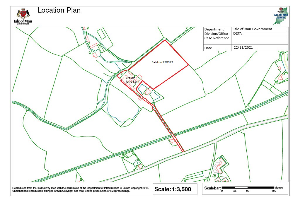 A location plan map showing the site boundary in red for 'Brough Jaing Barn' within a rural setting, including surrounding fields and roads.