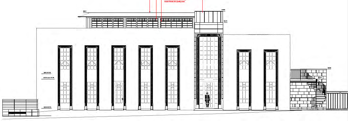 Architectural elevation drawing showing a building facade with tall windows and a proposed roof-top pavilion extension.