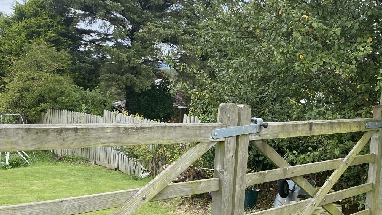 A photograph showing a wooden gate and fence in a grassy, tree-filled area, likely representing the site boundary and surroundings.