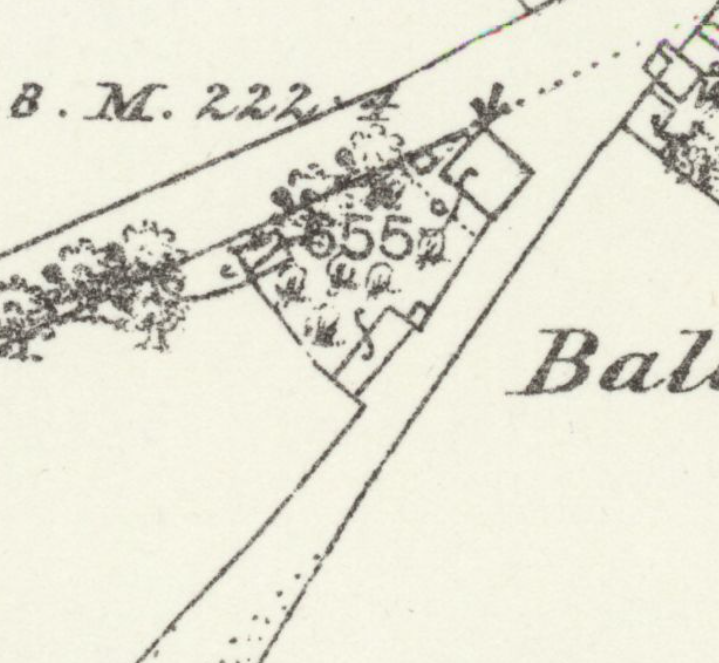 A close-up section of a historical survey map showing property boundaries, vegetation symbols, and a benchmark elevation marker.