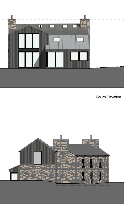 The image displays architectural elevation drawings, specifically a labeled 'South Elevation' showing a modern extension with dark cladding attached to a traditional stone building.