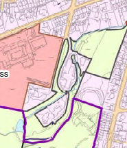 A site plan or location map showing property boundaries highlighted in purple and pink, overlaid on a map of surrounding buildings and roads.