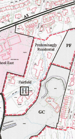 This image displays a planning site location map featuring red boundary lines, zoning labels such as 'Predominantly Residential', and a black square marker indicating the site location near the A3 road.