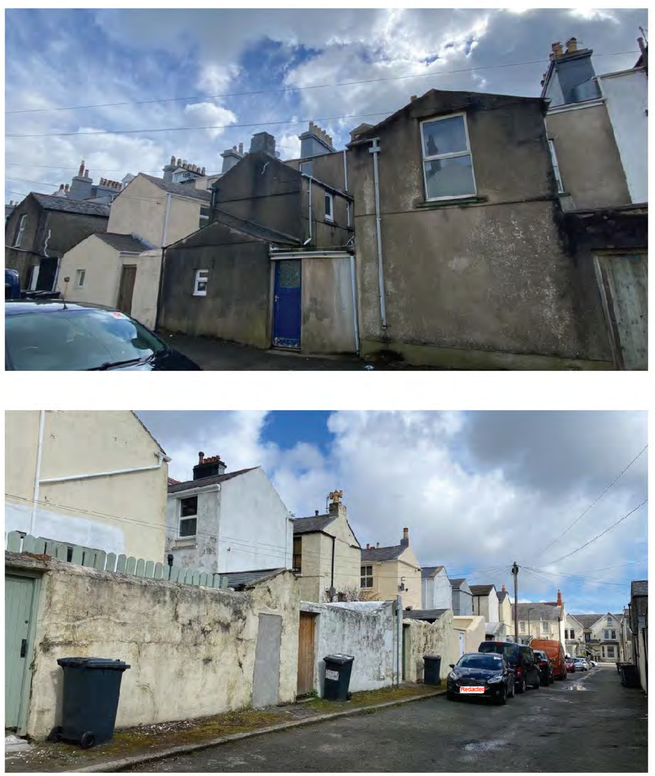 Two photographs showing the existing buildings proposed for demolition and the surrounding street context with boundary walls.