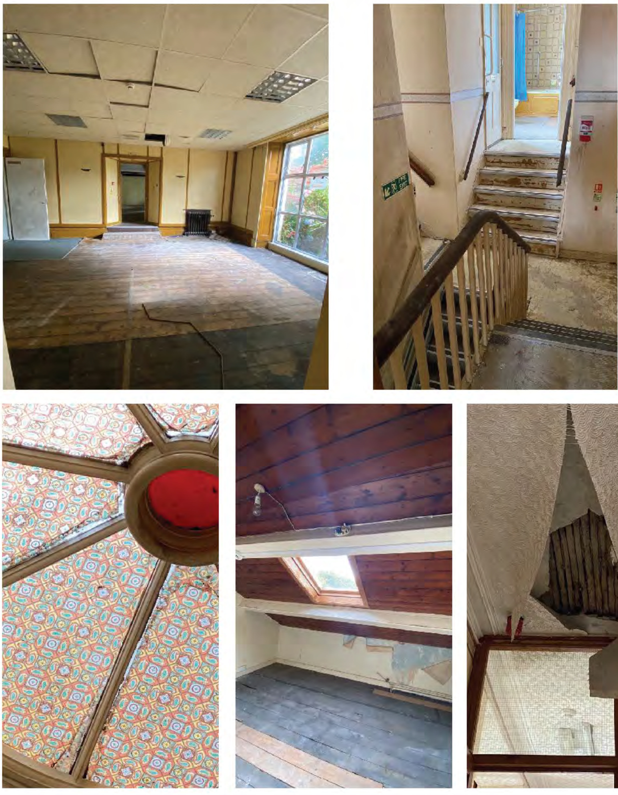 A collage of five interior photographs showing the condition of a former nursing home, including a large hall, staircase, and attic space.