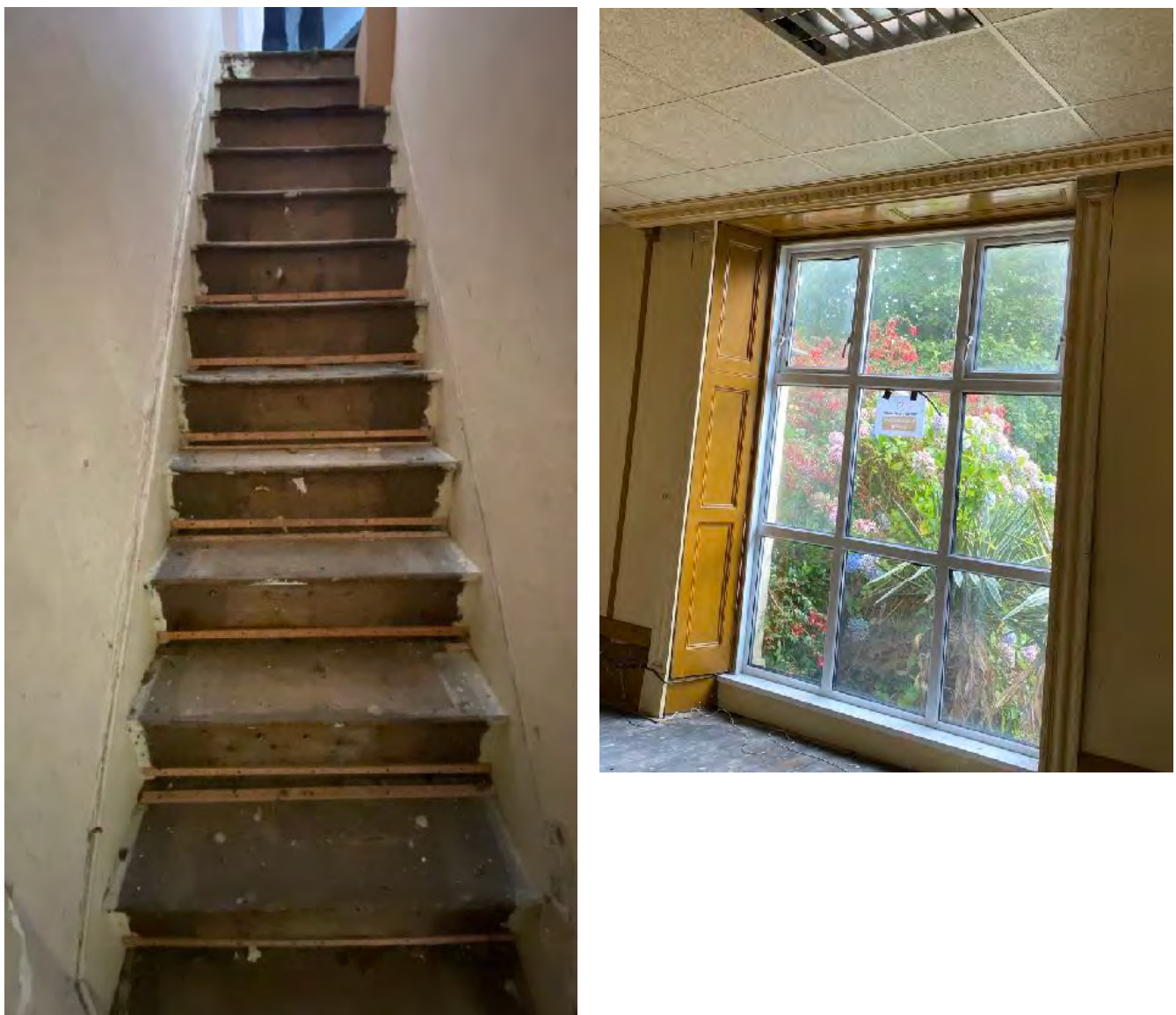 The image displays two interior photographs of a building, likely the former nursing home mentioned in the application. The left side shows a worn staircase with wooden nosings, while the right side shows a room with...