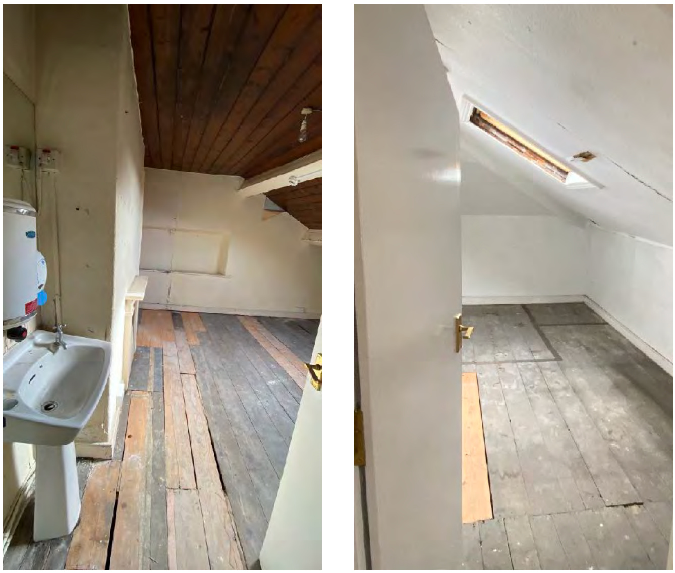 Interior photographs of the existing nursing home showing rooms with wooden floorboards and a sink, prior to demolition.