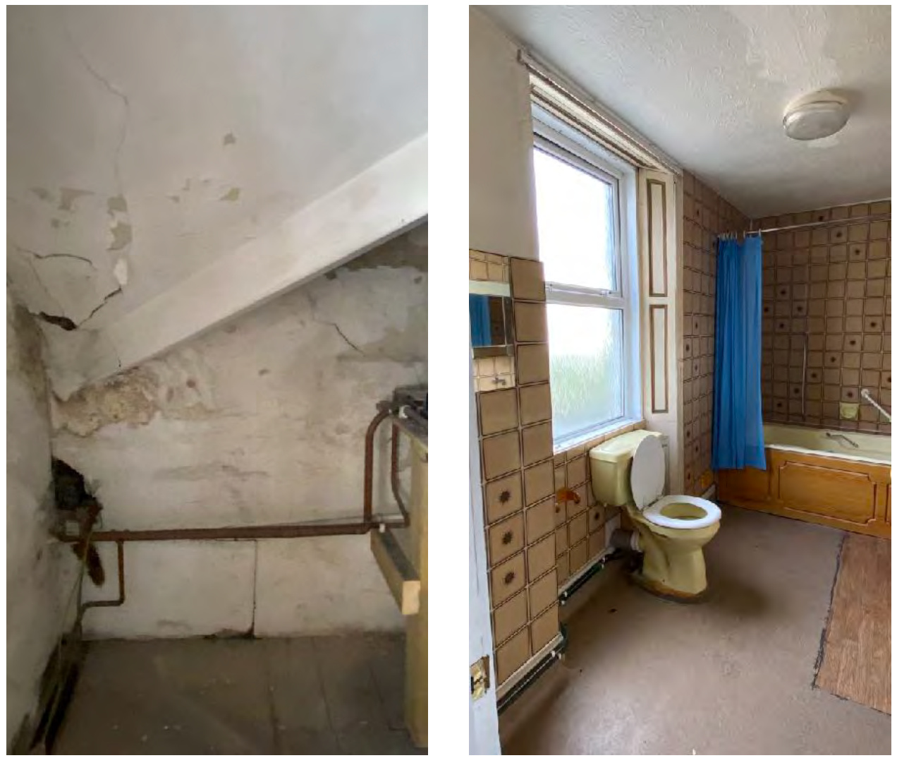 The image displays interior conditions of a property, likely the former nursing home. It shows a room with exposed plumbing and peeling paint alongside a dated bathroom with brown tiling.