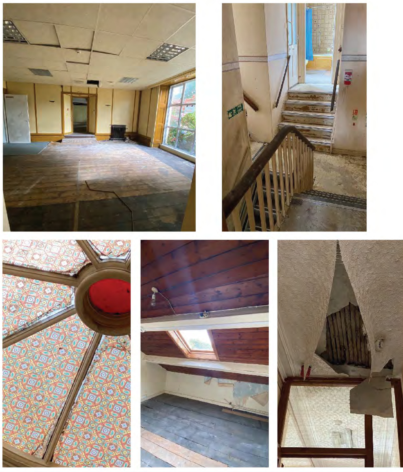 A collage of five interior photographs showing the condition of a building, including a large empty room, a staircase, a decorative ceiling feature, an attic space, and a damaged ceiling area.