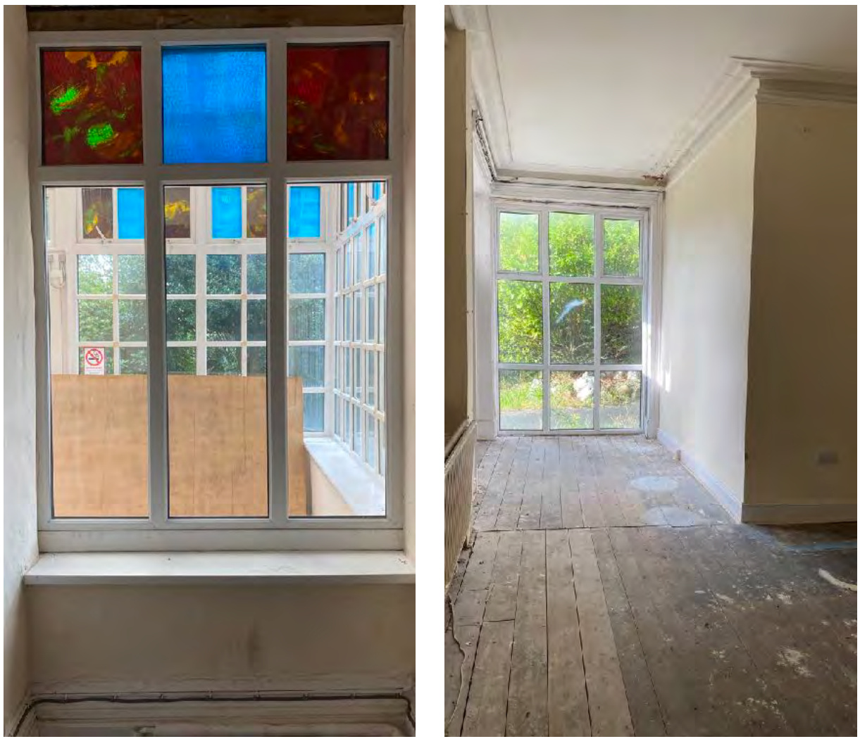Two interior photographs showing a window with stained glass panels boarded up and an empty room with wooden floorboards.