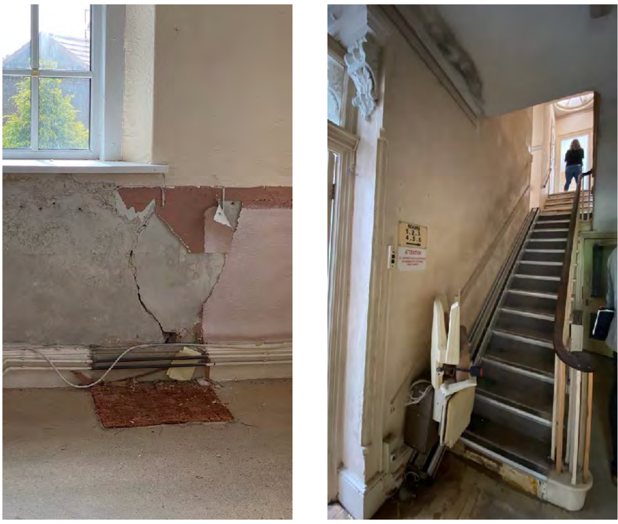 Two interior photographs showing a damaged wall with exposed lath and a staircase fitted with a stairlift.