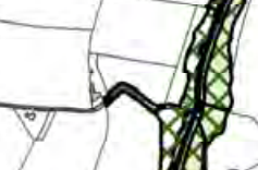 A close-up view of a site location plan showing property boundaries, a road, and a green hatched area indicating land use.