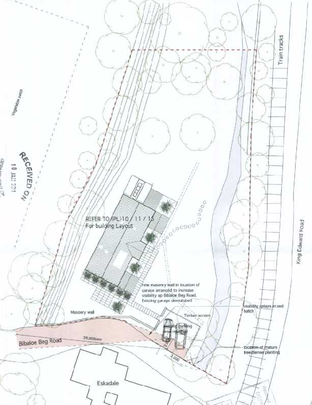 A site plan showing the proposed building layout, access driveway, and surrounding vegetation along Bibaloe Beg Road.