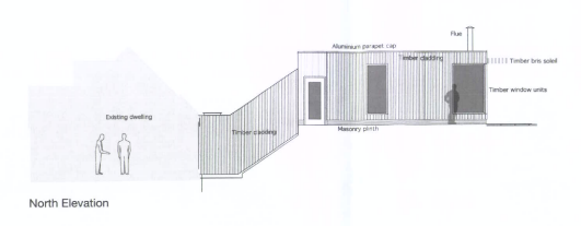 Architectural elevation drawing labeled 'North Elevation' depicting a new structure with timber cladding and window units alongside an existing dwelling.