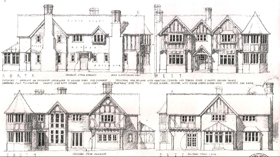 The image displays four architectural elevations (North, West, South, East) of a large, traditional-style detached house featuring timber framing and stone details.