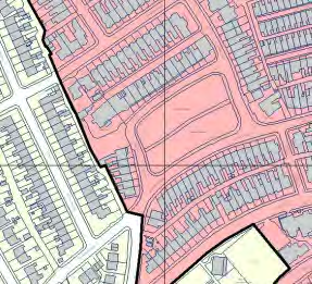 A map showing a residential area with rows of properties, highlighting a specific site in pink.