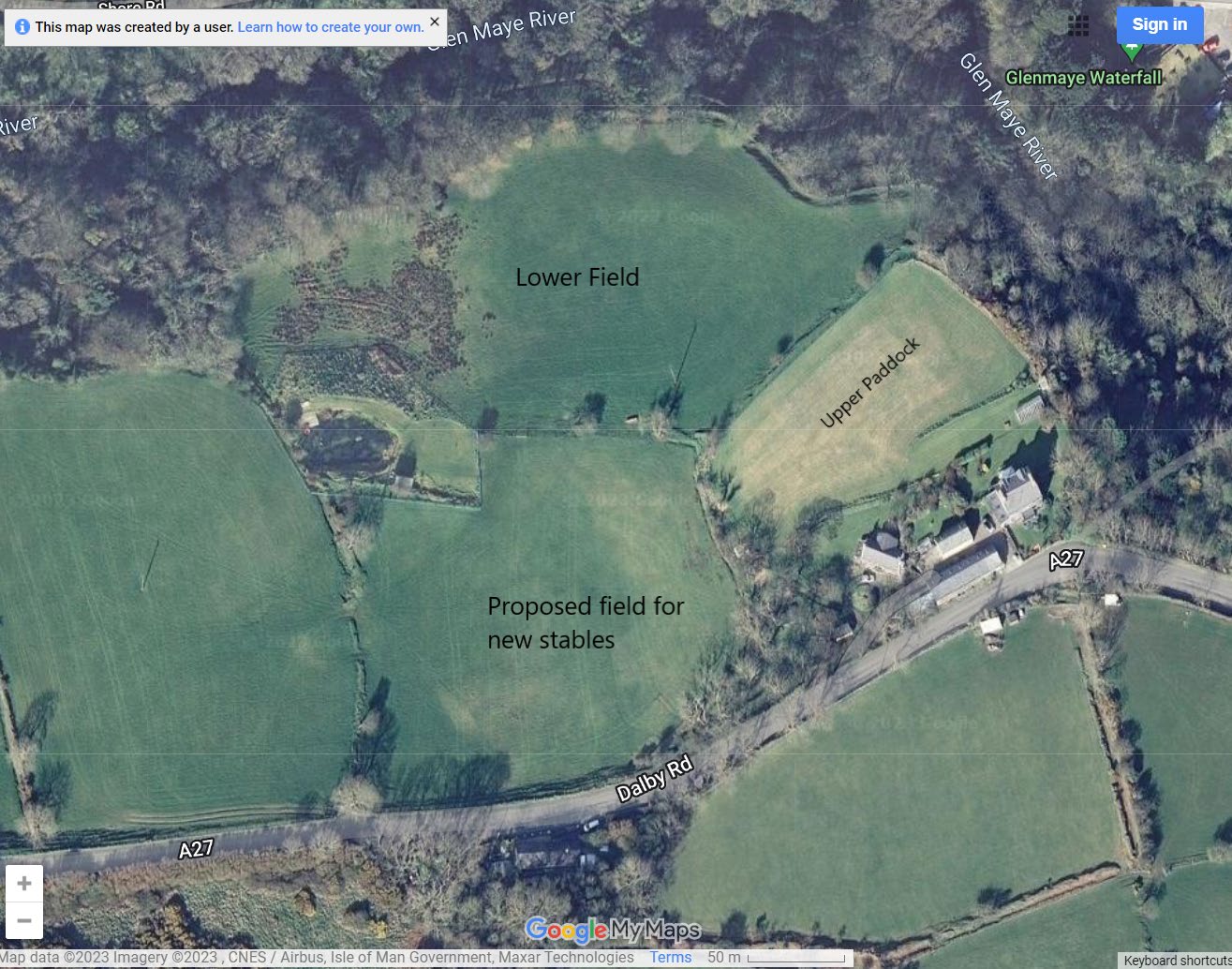 Aerial site location map screenshot showing a proposed field for new stables near Dalby Road and the Glen Maye River.