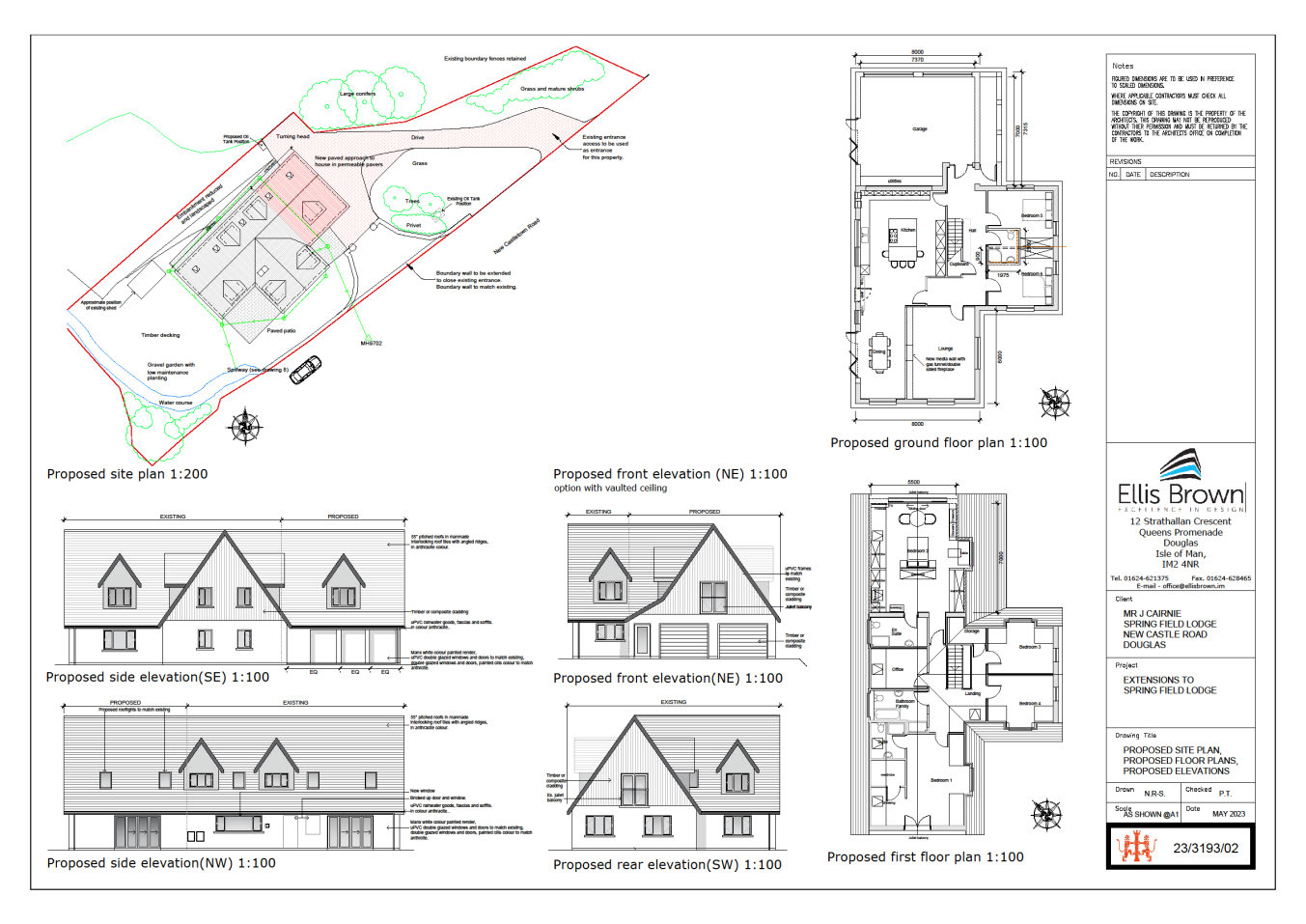 This image displays a sheet of architectural drawings for a planning application, featuring a site plan, floor plans for the ground and first floors, and multiple elevations of the proposed extension.