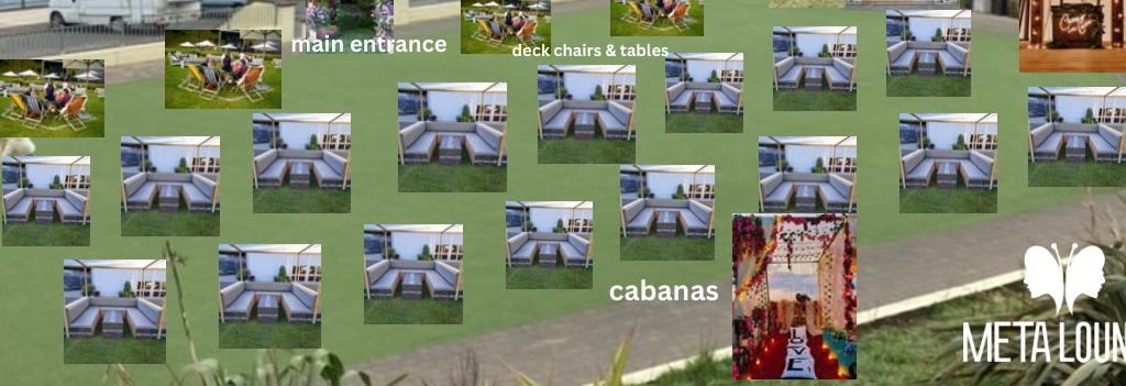 A composite visualisation showing the proposed layout for a pop-up lounge bar, featuring rows of cabanas, deck chairs, and a main entrance area on a grassy site.