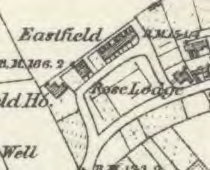 A cropped section of a historical map or site plan showing property boundaries and building outlines labeled 'Eastfield' and 'Rose Lodge'.