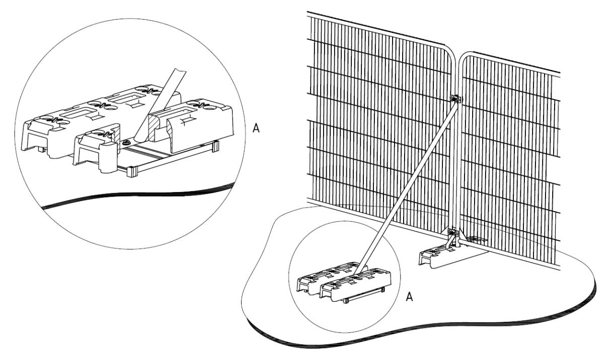 A technical line drawing illustrating the mounting details of a solar panel system with close-up insets of the base hardware.