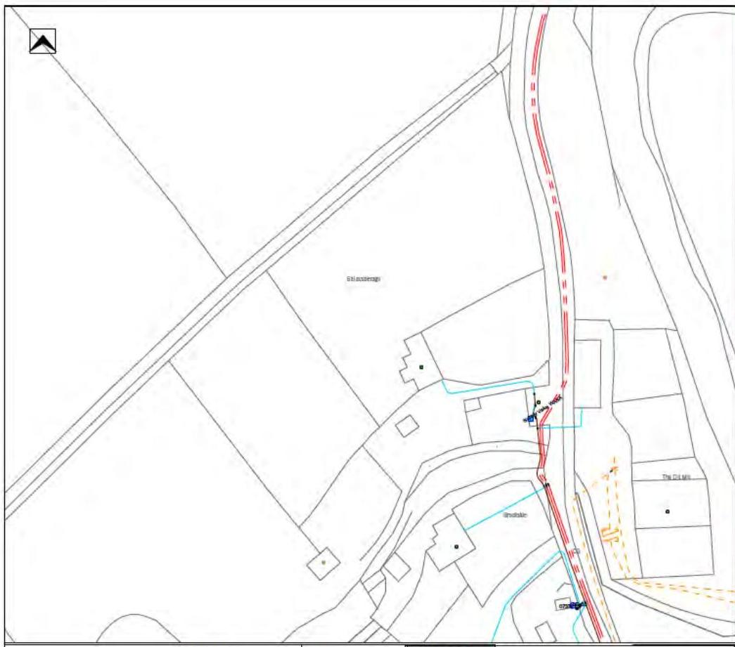 A site plan showing the location of the Old Mill building adjacent to a road, with property boundaries and neighboring structures indicated.