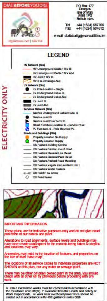 A utility search document displaying a legend for underground services such as high voltage cables, low voltage cables, and gas/water pipes, along with a map snippet showing service routes.